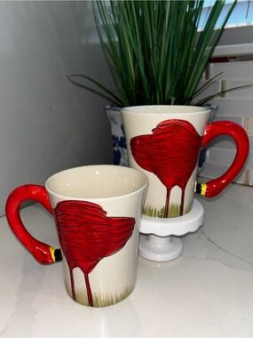 Pier 1 Ceramic Flamingo Mugs Set of 2 Vibrabt Red Coffee Cups Hand Painted Rare